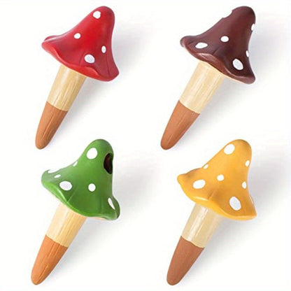 4-Pack Mushroom-Shaped Self-Watering Spikes - Terracotta Clay Automatic Drip Irrigation Globes for Indoor\u002FOutdoor Plants, Slow-Release Watering Stakes with Cute Decorative Design (Red, Green, Brown, Yellow), Watering System for Plants