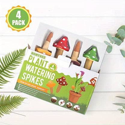 4-Pack Mushroom-Shaped Self-Watering Spikes - Terracotta Clay Automatic Drip Irrigation Globes for Indoor\u002FOutdoor Plants, Slow-Release Watering Stakes with Cute Decorative Design (Red, Green, Brown, Yellow), Watering System for Plants